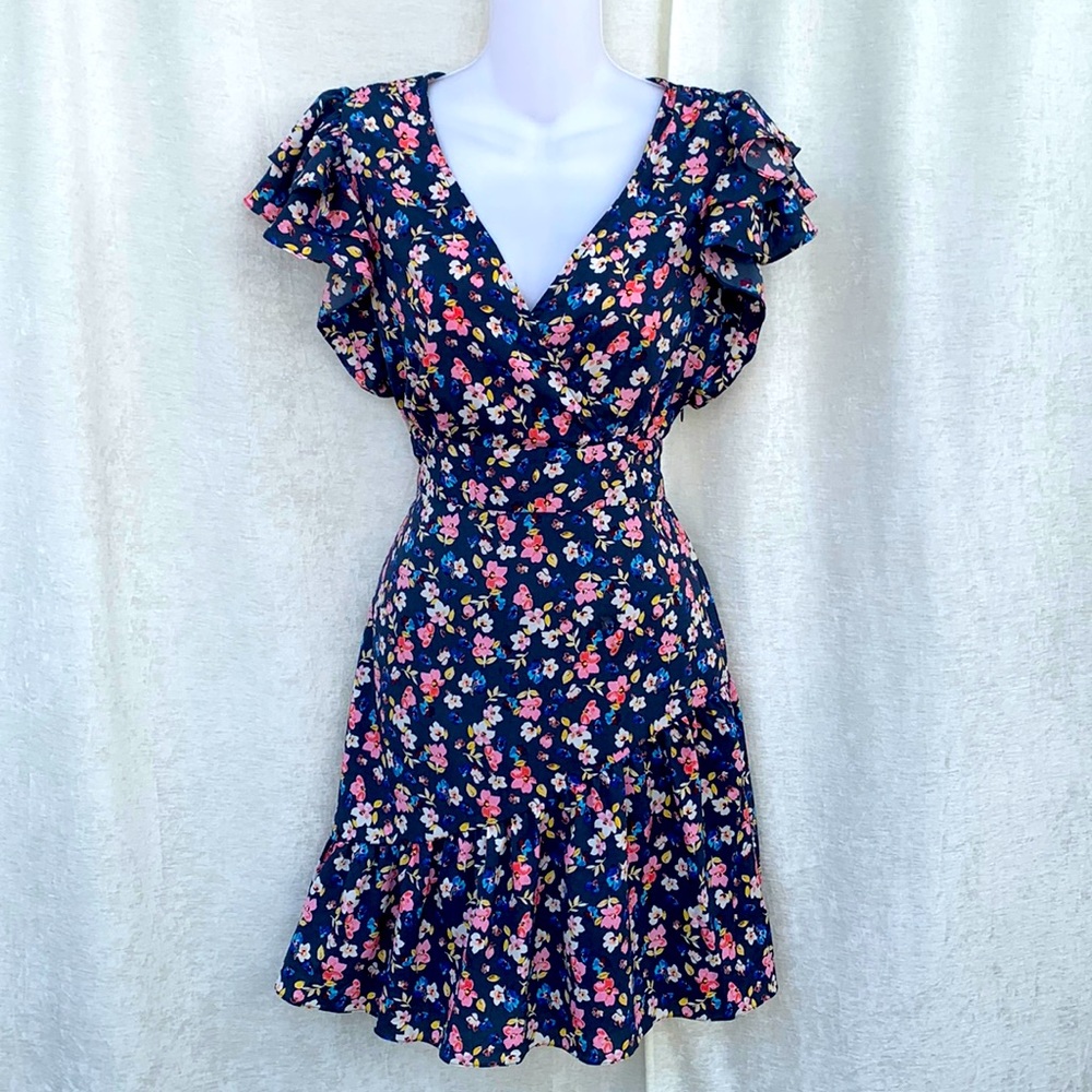 Floral V-Neck Ruffle Dress - Navy Multi